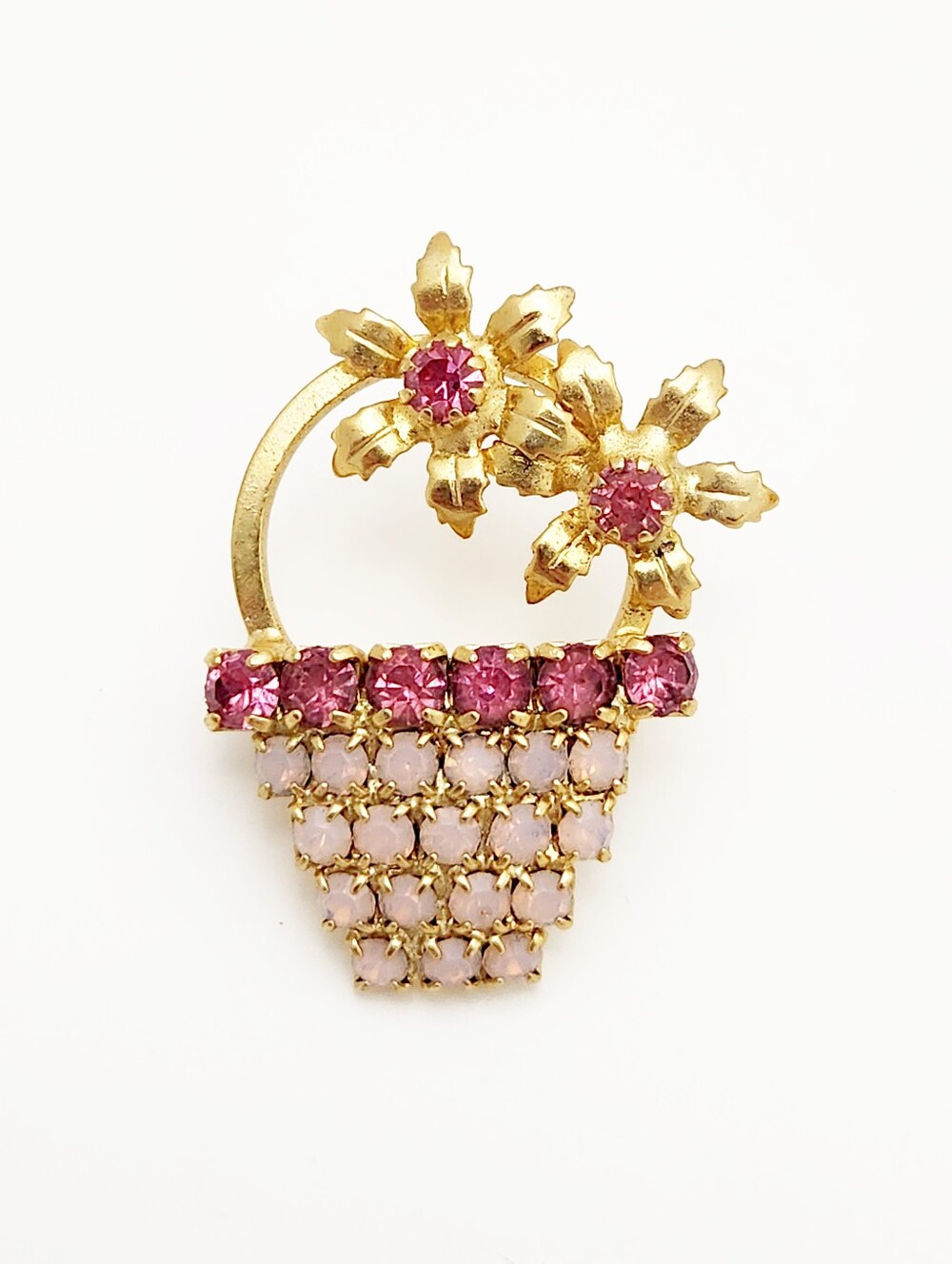 Pink Rhinestone Flower Basket Brooch Pin Easter Basket Vintage Jewelry VTG